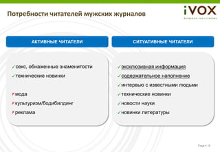 Потребности читателей мужских журналов


         АКТИВНЫЕ ЧИТАТЕЛИ            СИТУАТИВНЫЕ ЧИТАТЕЛИ




  секс, обнаженные знаменитости   эксклюзивная информация
  технические новинки             содержательное наполнение
                                  интервью с известными людьми
  мода                            технические новинки
  культуризм/бодибилдинг          новости науки
  реклама                         новинки литературы




                                                                 Page  16
 