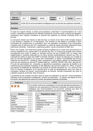 32/74 © CLUSIF 2014 Cybersécurité des systèmes industriel -
annexes
Titre
Protecting industrial control systems
- Recommen...