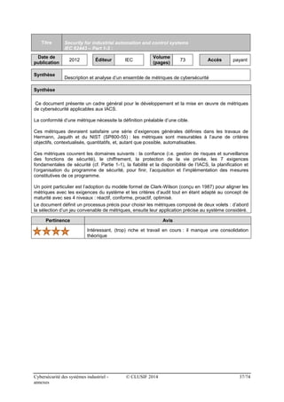Cybersécurité des systèmes industriel - © CLUSIF 2014 37/74
annexes
Titre Security for industrial automation and control s...