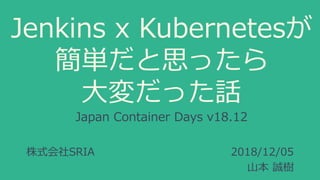 Jenkins x Kubernetesが
簡単だと思ったら
大変だった話
Japan Container Days v18.12
2018/12/05
山本 誠樹
株式会社SRIA
 