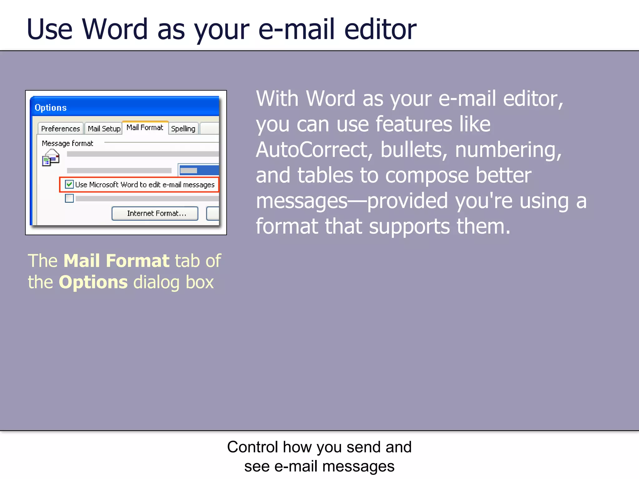 Use Word as your e-mail editor With Word as your e-mail editor, you can use features like AutoCorrect, bullets, numbering, and tables to compose better messages—provided you're using a format that supports them.  Control how you send and see e-mail messages The  Mail Format  tab of the  Options  dialog box 
