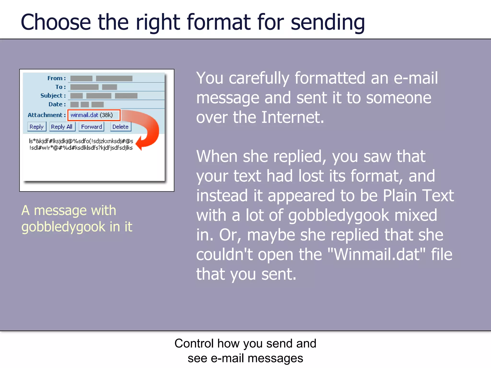 Choose the right format for sending You carefully formatted an e-mail message and sent it to someone over the Internet.  When she replied, you saw that your text had lost its format, and instead it appeared to be Plain Text with a lot of gobbledygook mixed in. Or, maybe she replied that she couldn't open the "Winmail.dat" file that you sent. Control how you send and see e-mail messages A message with gobbledygook in it 