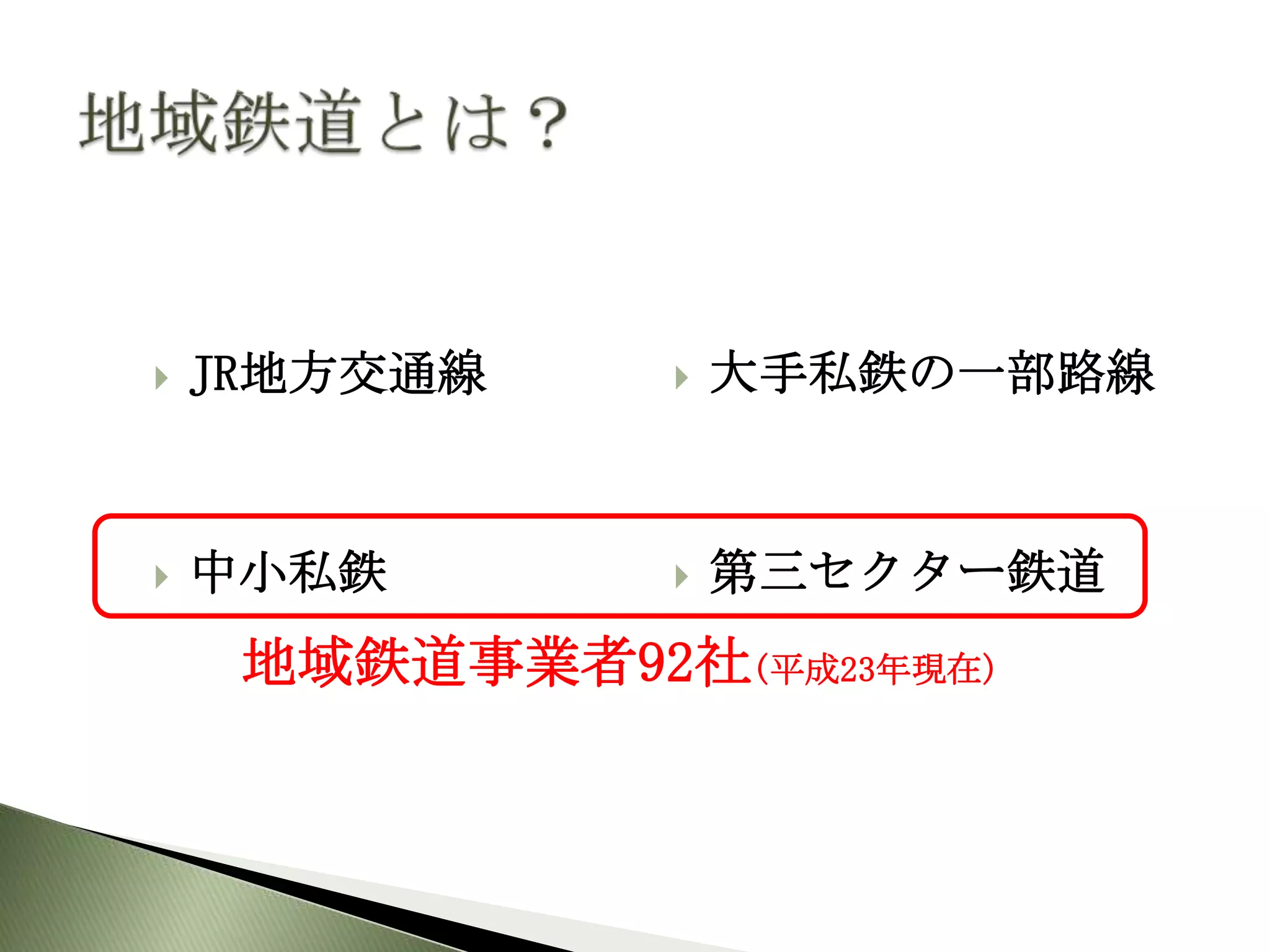   JR地方交通線       大手私鉄の一部路線



   中小私鉄          第三セクター鉄道
     地域鉄道事業者92社(平成23年現在)
 