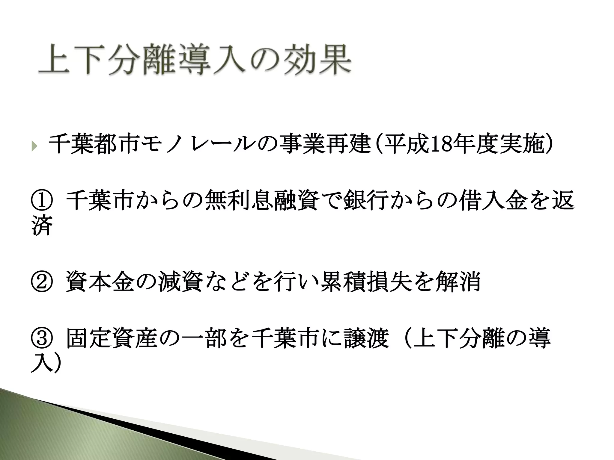    千葉都市モノレールの事業再建(平成18年度実施)

① 千葉市からの無利息融資で銀行からの借入金を返
済

② 資本金の減資などを行い累積損失を解消

③ 固定資産の一部を千葉市に譲渡（上下分離の導
入）
 