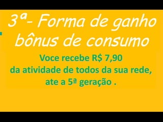 3ª- Forma de ganho
 bônus de consumo
        Voce recebe R$ 7,90
da atividade de todos da sua rede,
         ate a 5ª geração .
 