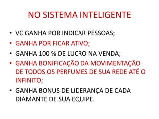 NO SISTEMA INTELIGENTE
• VC GANHA POR INDICAR PESSOAS;
• GANHA POR FICAR ATIVO;
• GANHA 100 % DE LUCRO NA VENDA;
• GANHA BONIFICAÇÃO DA MOVIMENTAÇÃO
  DE TODOS OS PERFUMES DE SUA REDE ATÉ O
  INFINITO;
• GANHA BONUS DE LIDERANÇA DE CADA
  DIAMANTE DE SUA EQUIPE.
 