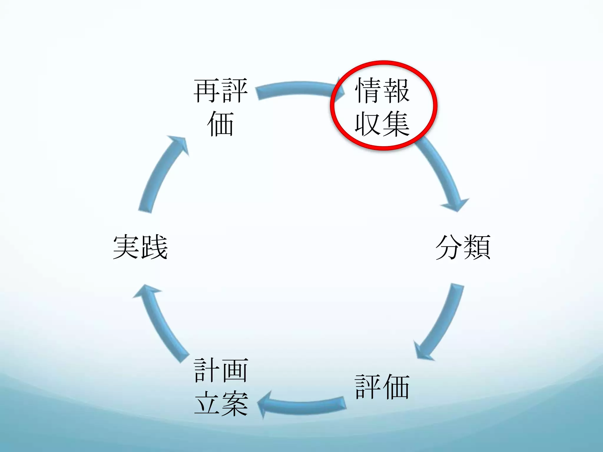 情報
収集
分類
評価
計画
立案
実践
再評
価
 