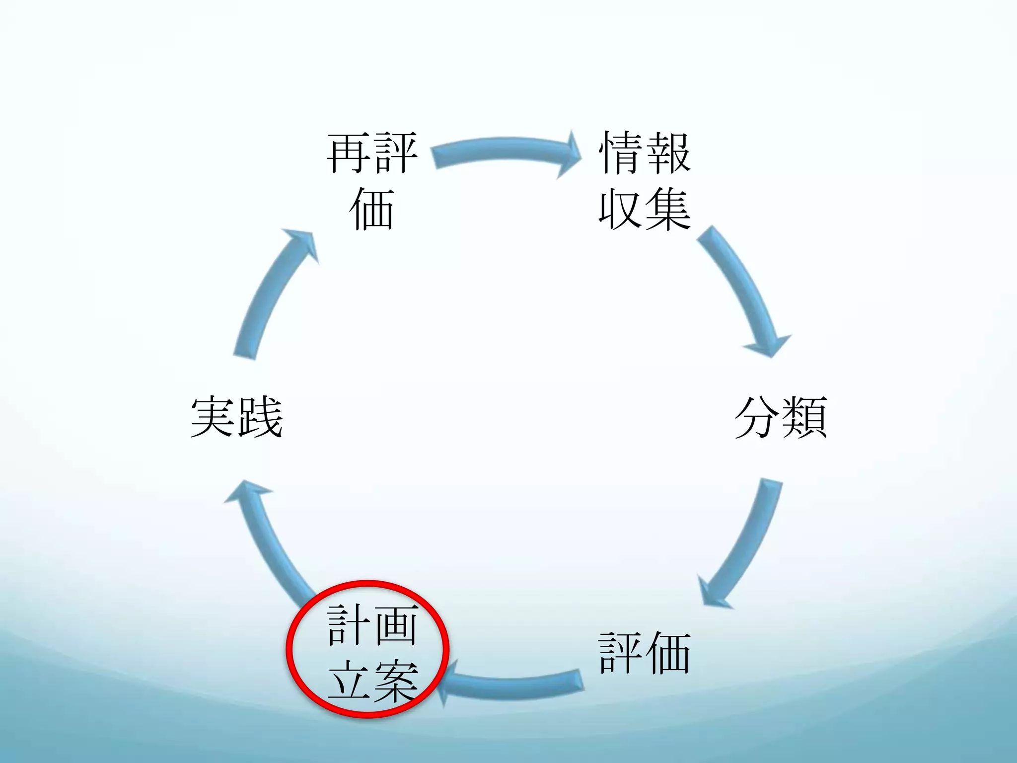 情報
収集
分類
評価
計画
立案
実践
再評
価
 