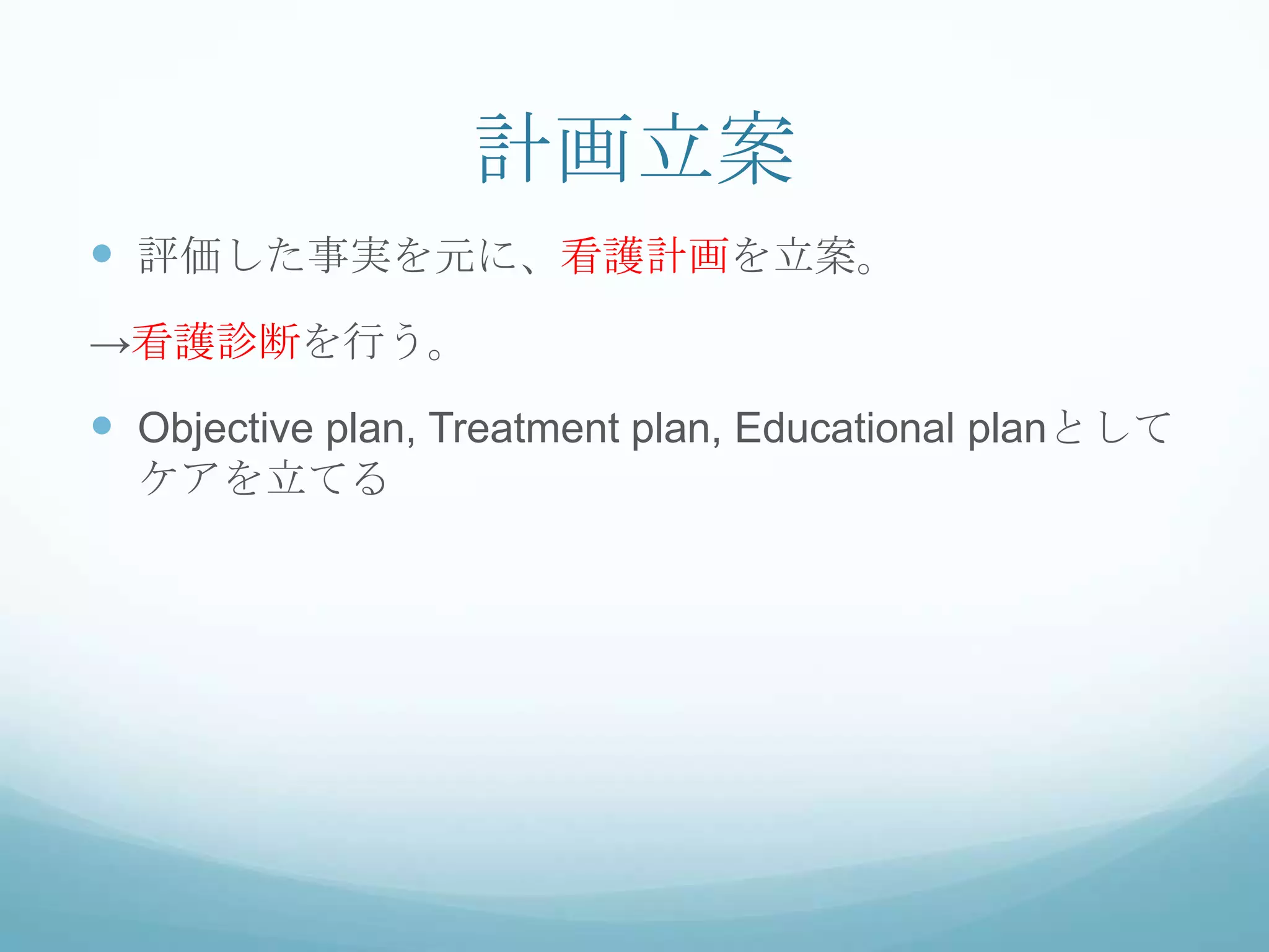 計画立案
 評価した事実を元に、看護計画を立案。
→看護診断を行う。
 Objective plan, Treatment plan, Educational planとして
ケアを立てる
 