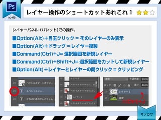 レイヤーパネル（パレット）での操作。
■Option(Alt)＋目玉クリック = そのレイヤーのみ表示
■Option(Alt)＋ドラッグ = レイヤー複製
■Command(Ctrl)+J= 選択範囲を新規レイヤー
■Command(Ctrl)+Shift+J= 選択範囲をカットして新規レイヤー
■Option(Alt)＋レイヤーとレイヤーの間クリック = クリッピング
レイヤー操作のショートカットあれこれ 1
(Ctrl)+J
マツカワ
no.06
 