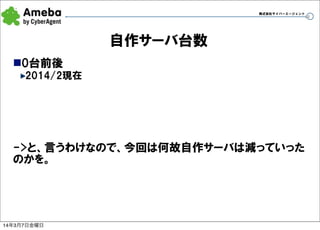 株式会社サイバーエージェント

自作サーバ台数
n0台前後
2014/2現在

->と、言うわけなので、今回は何故自作サーバは減っていった
のかを。

14年3月7日金曜日

28

 