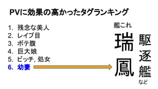 PVに効果の高かったタグランキング 
艦これ 
瑞 
鳳 
1. 残念な美人 
2. レイプ目 
3. ボテ腹 
4. 巨大娘 
5. ビッチ, 処女 
6. 幼妻 
駆 
逐 
艦 
など 
 