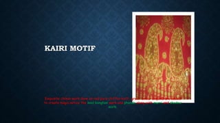 KAIRI MOTIF
Exquisite chikan work done on red pure chiffon kurti. green colour sequins are added
to create magic.notice the keel kanghan work and phanda along with murri and shadow
work.
 