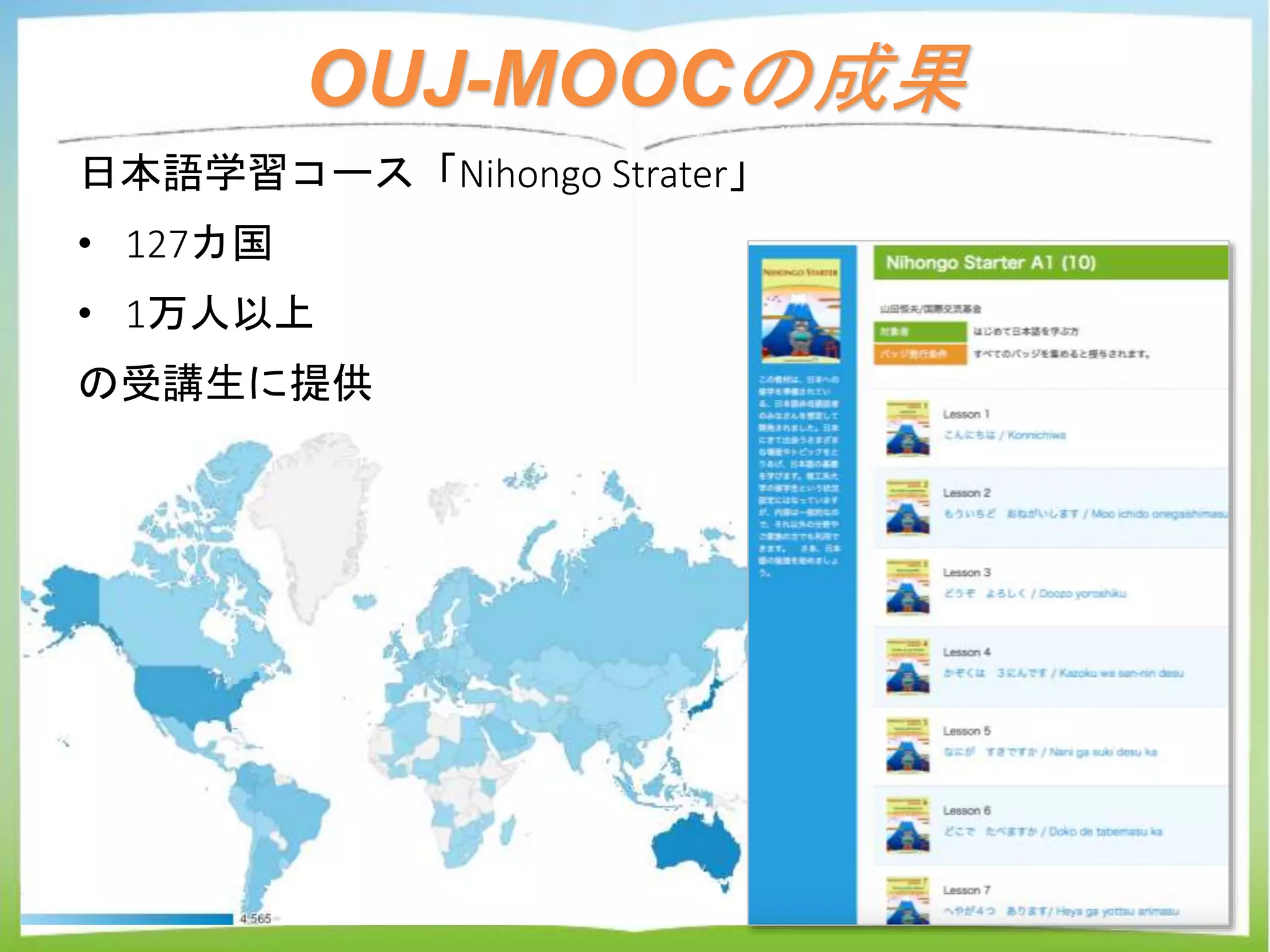 OUJ-MOOCの成果
6
Web
22.0±15.2%
電子書籍
78.0±15.2%
日本語学習コース「Nihongo Strater」
• 127カ国
• 1万人以上
の受講生に提供
 