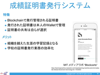 Copyright © 2017 CCC-TIES All rights reserved. 18
成績証明書発行システム
◆ Blockchainで発行管理される証明書
◆ 発行された証明書は本人のWalletで管理
◆ 証明書の共有は自らが選択
◆ 組織を越えた生涯の学習記録となる
◆ 学校の証明書発行業務の効率化
特徴
メリット
MIT メディアラボ “Blockcerts“
https://learningmachine.newswire.com/news/learning-machine-and-mit-media-
lab-release-blockchain-technology-for-11633933
 