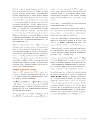 Of the 88 complaints dealing with access to and/or correc-       request. In 21 cases, provisions of PHIPA were applied to
tion of personal health information, 32 (36.4 per cent) were     limit the amount of access provided to the personal health
the result of deemed refusals (where a health information        information. Section 52(1)(e) (where there is a risk of harm,
custodian fails to respond to the request within the statutory   or identiﬁcation of an individual) was the most frequently
time frame and is thereby deemed to have refused the re-         applied provision to refuse access. It was applied on 11
quest). Twelve (13.6 per cent) of the complaints were about      occasions.
the exemptions applied to deny access to personal health
                                                                 In three cases, the requested information was not accessed
information. Nine (10.2 per cent) were related to the cor-
                                                                 following a fee estimate by the ministry.
rection of personal health information. In another nine com-
plaints (10.2 per cent), the issue was whether the health        The remaining 251 requests that were reported to the IPC
information custodian had conducted a reasonable search          were made primarily to homes for the aged and nursing
for records of personal health information. Six complaints       homes, ambulance services, boards of health/medical of-
(6.8 per cent) were about fees, while two (2.3 per cent) were    ﬁcers of health, and health care practitioners.
about custodians extending the time frame to respond to a
                                                                 The ofﬁces of boards of health and medical ofﬁcers of health
request for access. The remaining 18 complaints (20.5 per
                                                                 reported 149 requests and completed 96 per cent of them
cent) involved other issues.
                                                                 within 30 days. Halton’s health unit, which had the most
Of the other 191 complaints resolved in 2006, the disclosure     requests (40), achieved 100 per cent 30-day compliance.
of personal health information was the most frequent issue,
                                                                 This group of health information custodians charged fees for
arising in 143 complaints (74.9 per cent). Security of per-
                                                                 69 of the 149 requests, with an average fee of $37.07. Full
sonal health information was an issue in 40 (20.9 per cent).
                                                                 access to the personal health information requested was
The collection of personal health information was raised as
                                                                 provided in 136 (91.3 per cent) cases.
an issue in nine (4.7 percent) and the consent for the col-
lection, use and/or disclosure of personal health information    Ambulance services completed 32 requests, with Halton
was raised in six (3.1 per cent). The remaining issues raised    (nine) and Toronto (eight) receiving the most requests.
included notice of collection, accuracy of personal health       Overall, the ambulance services reported a 96.9 per cent
information, privacy in general, retention, and use and dis-     30-day compliance rate. Fees were charged for 16 requests,
posal of personal health information.                            for an average fee of $60.72. Full access to the records re-
                                                                 quested was provided for 90.6 per cent of the requests.
PERSONAL INFORMATION REQUESTS
There were 1,973 requests under PHIPA for access to, or          Homes for the aged and nursing homes reported receiving
correction of, personal health information reported to the       32 requests, more than half of them (17) in Toronto. The
IPC as being completed during 2006 by government institu-        Toronto facilities achieved 70.6 per cent 30-day compli-
tions governed by FIPPA and MFIPPA.                              ance. The other homes for the aged and nursing homes
                                                                 that reported to the IPC achieved 100 per cent compliance
The Ministry of Health and Long-Term Care completed
                                                                 with the 30-day time period. Overall, this category of health
1,722 of these. The ministry was able to complete 1,690
                                                                 information custodians achieved an 84.4 per cent rate of
(98.1 per cent) within the statutory 30-day time period, and
                                                                 compliance with the 30-day time period. Fees were charged
provided full access to the requested information for 1,657
                                                                 for nine requests, for an average fee of $76.56 per request.
(96.2 per cent) of the requests.
                                                                 Full access to the personal health information sought was
The ministry charged fees for 115 of the 1,722 requests. A       provided in 28 of the 32 instances, or 87.5 per cent.
total of $1,843.43 was collected, an average of $16.03 per




                                                     the personal health information protection act 51
 