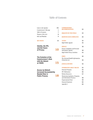 Table of Contents


Letter to the Speaker       IFC   COMMISSIONER’S
                                  RECOMMENDATIONS                     22
Commissioner’s Message       1
Table of Contents            7
                                  REQUESTS BY THE PUBLIC              24
Purpose of the Acts          8
Role and Mandate             9    RESPONSE RATE COMPLIANCE            26


KEY ISSUES                  10    ACCESS                              32
                                  High Profile Appeals                35

Identity, the IPC,                PRIVACY                             38
and the Future                    Privacy Complaints and Personal
of Privacy                10      Information Appeals                 38
                                  High Profile Privacy Incidents      43


                                  PHIPA                               46
The Evolution of the
                                  The Personal Health Information
Commissioner’s Role               Protection Act                      46
with the Advent
of PHIPA                  15      JUDICIAL REVIEWS                    52


                                  INFORMATION ABOUT THE IPC           55

Access by Default:                Outreach Program                    55

Increased Accountability          IPC Publications                    56
Needed Now in                     Website Resources                   57
Public Process           18       Monitoring Legislation, Programs,
                                  and Information Practices           58
                                  Organizational Chart                59
                                  Financial Statement                 60
                                  Appendix 1                          60




                                            table of contents          7
 