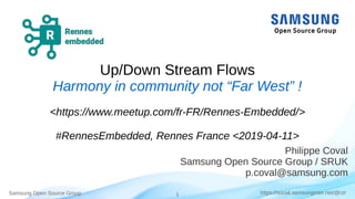 Samsung Open Source Group 1 https://social.samsunginter.net/@rzr
Up/Down Stream Flows
Harmony in community not “Far West” !
<https://www.meetup.com/fr-FR/Rennes-Embedded/>
#RennesEmbedded, Rennes France <2019-04-11>
Philippe Coval
Samsung Open Source Group / SRUK
p.coval@samsung.com
 