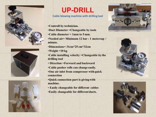 UP-DRILL
Cable blowing machine with drillingtool
•Controll by technician.
•Duct Diameter =Changeable by tools
•Cable diameter = 1mm to 5 mm.
•Needed air= Minimum 12 bar - 1 metercup /
minute.
•Dimensions= 31cm*25 cm*32cm
•Weight =10 kg
•Cable installing velocity =Changeable bythe
drilling tool
• Direction =Forward and backward
•Cable pusher rolls can change easily.
•One air inlet from compressor withquick
connection
•Quick connection part is givingwith
machine.
• Easily changeable for different cables
•Easily changeable for differentducts.
 