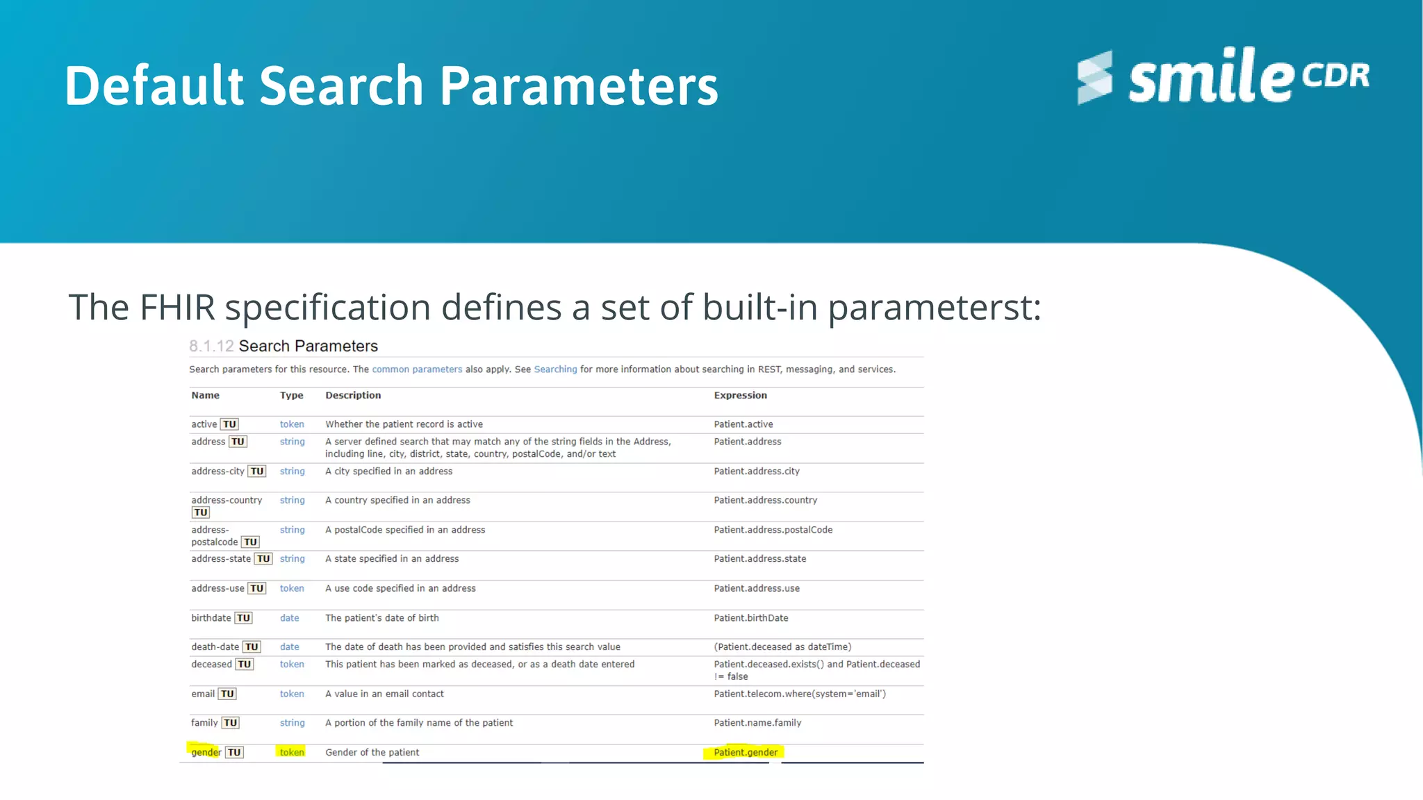 Default Search Parameters
The FHIR specification defines a set of built-in parameterst:
 