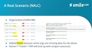 A Real Scenario (NALC)
● Organization (CARIN BB)
● Added Name because some orgs are missing data for ids above
● Name+’-’+TaxId+’-’+NPI will end up with unique resources!
 