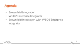 Agenda
• Brownfield Integration
• WSO2 Enterprise Integrator
• Brownfield Integration with WSO2 Enterprise
Integrator
2
 