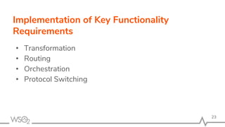 Implementation of Key Functionality
Requirements
• Transformation
• Routing
• Orchestration
• Protocol Switching
23
 