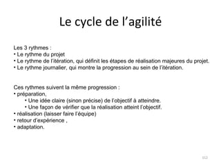 Le cycle de l’agilité Les 3 rythmes : Le rythme du projet Le rythme de l’itération, qui définit les étapes de réalisation majeures du projet. Le rythme journalier, qui montre la progression au sein de l’itération. Ces rythmes suivent la même progression :  préparation,  Une idée claire (sinon précise) de l’objectif à atteindre. Une façon de vérifier que la réalisation atteint l’objectif. réalisation (laisser faire l’équipe) retour d’expérience , adaptation. 