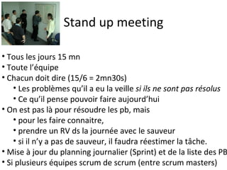 Stand up meeting Tous les jours 15 mn Toute l’équipe Chacun doit dire (15/6 = 2mn30s) Les problèmes qu’il a eu la veille  si ils ne sont pas résolus Ce qu’il pense pouvoir faire aujourd’hui On est pas là pour résoudre les pb, mais  pour les faire connaitre,  prendre un RV ds la journée avec le sauveur si il n’y a pas de sauveur, il faudra réestimer la tâche. Mise à jour du planning journalier (Sprint) et de la liste des PB Si plusieurs équipes scrum de scrum (entre scrum masters) 