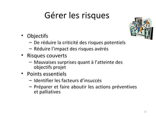 Objectifs De réduire la criticité des risques potentiels Réduire l’impact des risques avérés Risques couverts Mauvaises surprises quant à l’atteinte des objectifs projet Points essentiels Identifier les facteurs d’insuccès Préparer et faire aboutir les actions préventives et palliatives Gérer les risques  