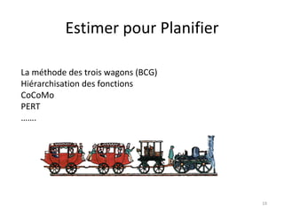Estimer pour Planifier La méthode des trois wagons (BCG) Hiérarchisation des fonctions CoCoMo PERT …… . 
