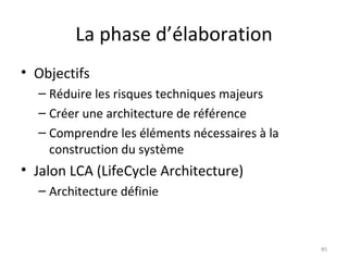 La phase d’élaboration Objectifs Réduire les risques techniques majeurs Créer une architecture de référence Comprendre les éléments nécessaires à la construction du système Jalon LCA (LifeCycle Architecture) Architecture définie 