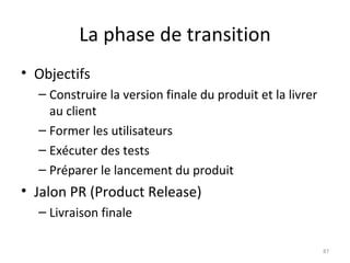 La phase de transition Objectifs Construire la version finale du produit et la livrer au client Former les utilisateurs Exécuter des tests Préparer le lancement du produit Jalon PR (Product Release) Livraison finale 