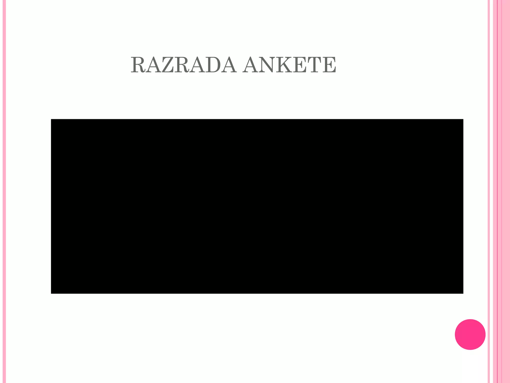 RAZRADA ANKETE
Da li promocije piva značajno utiču na povećanje prodaje ?
odgovori broj ispitanika %
a . da 10 67%
b . ne 5 33% da
67%
ne
33%
 