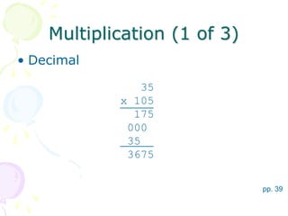 Multiplication (1 of 3)
• Decimal
pp. 39
35
x 105
175
000
35
3675
 