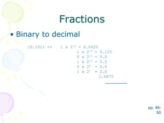 Fractions
• Binary to decimal
pp. 46-
50
10.1011 => 1 x 2-4 = 0.0625
1 x 2-3 = 0.125
0 x 2-2 = 0.0
1 x 2-1 = 0.5
0 x 20 = 0.0
1 x 21 = 2.0
2.6875
 