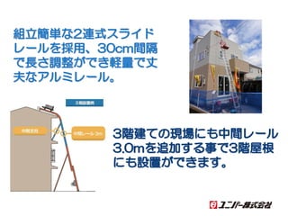 組立簡単な2連式スライド
レールを採用、30cm間隔
で長さ調整ができ軽量で丈
夫なアルミレール。
3階建ての現場にも中間レール
3.0mを追加する事で3階屋根
にも設置ができます。
 