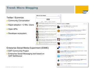 Trend: Micro Blogging


  Twitter / Summize
      Community Conversation

      Rapid adoption > 2 Mio. Users

      Open ...