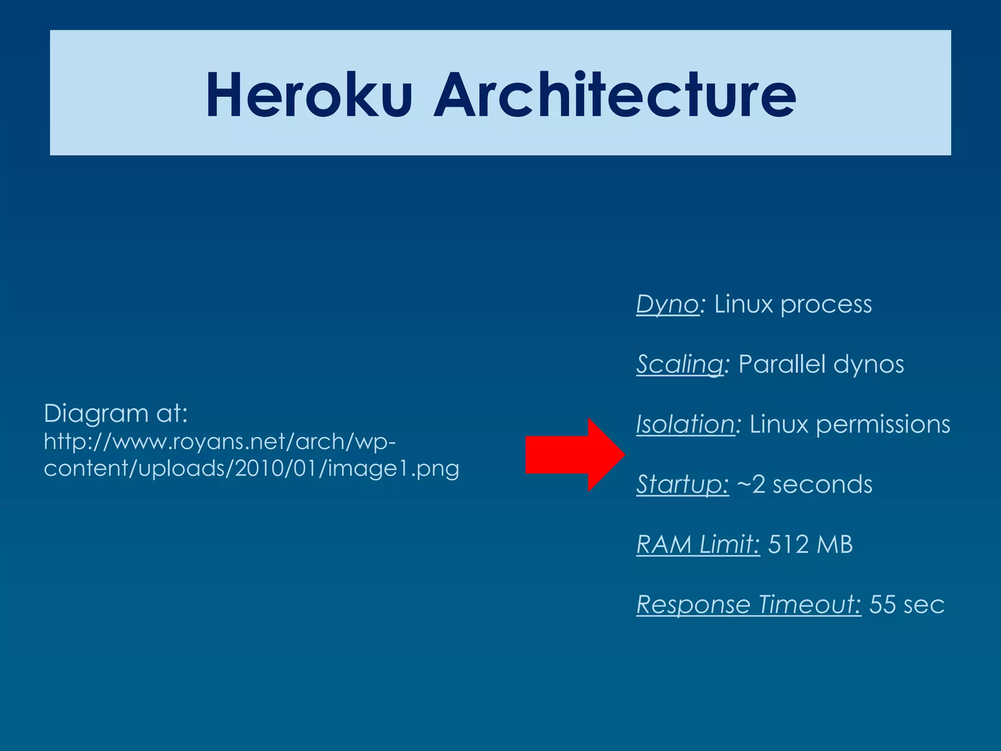 Heroku Architecture


                                     Dyno: Linux process

                                     Scaling: Parallel dynos
Diagram at:                          Isolation: Linux permissions
http://www.royans.net/arch/wp-
content/uploads/2010/01/image1.png
                                     Startup: ~2 seconds

                                     RAM Limit: 512 MB

                                     Response Timeout: 55 sec
 
