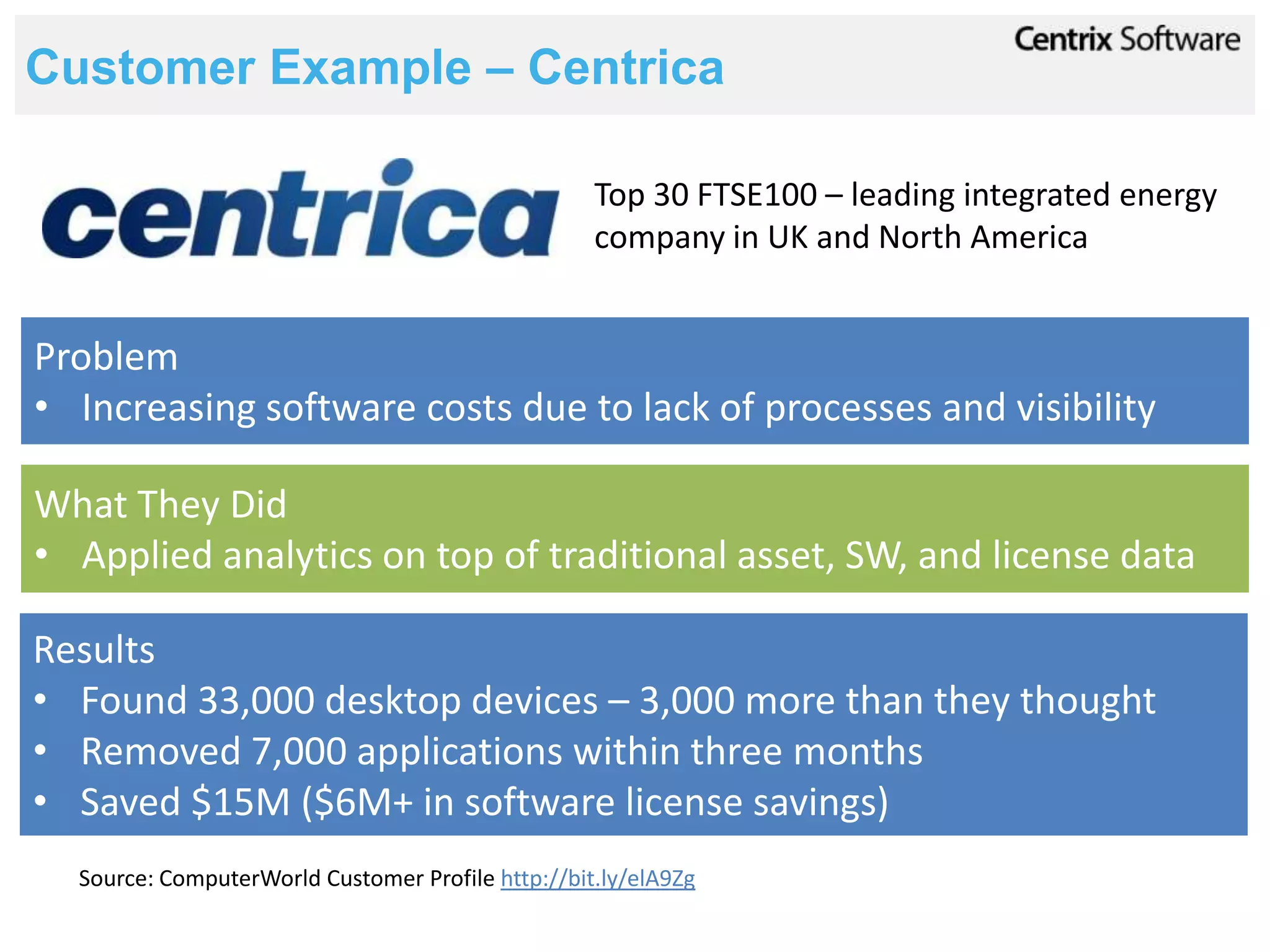 Customer Example – Centrica

                                                   Top 30 FTSE100 – leading integrated energy
                                                   company in UK and North America


Problem
• Increasing software costs due to lack of processes and visibility

What They Did
• Applied analytics on top of traditional asset, SW, and license data

Results
• Found 33,000 desktop devices – 3,000 more than they thought
• Removed 7,000 applications within three months
• Saved $15M ($6M+ in software license savings)
  Source: ComputerWorld Customer Profile http://bit.ly/elA9Zg
 