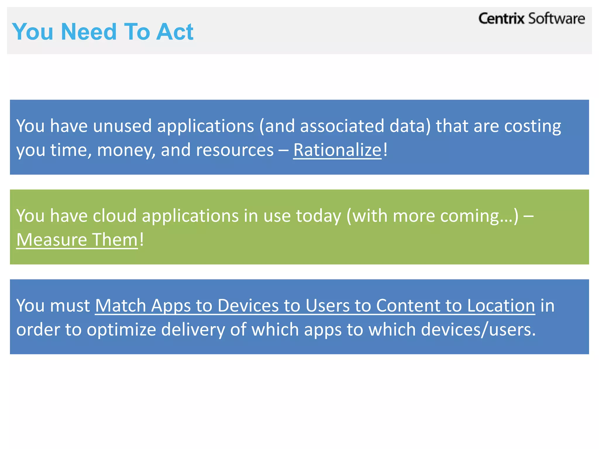 You Need To Act


You have unused applications (and associated data) that are costing
you time, money, and resources – Rationalize!


You have cloud applications in use today (with more coming…) –
Measure Them!


You must Match Apps to Devices to Users to Content to Location in
order to optimize delivery of which apps to which devices/users.
 