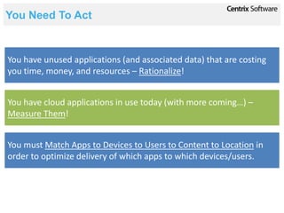 You Need To Act


You have unused applications (and associated data) that are costing
you time, money, and resources – Rationalize!


You have cloud applications in use today (with more coming…) –
Measure Them!


You must Match Apps to Devices to Users to Content to Location in
order to optimize delivery of which apps to which devices/users.
 