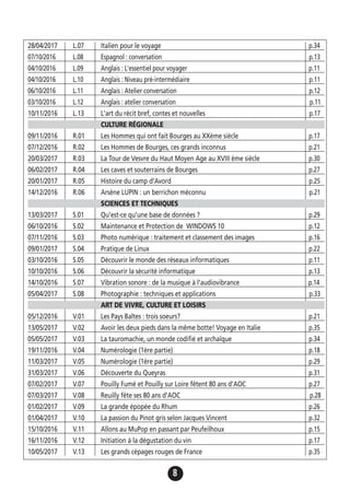8
28/04/2017 L.07 Italien pour le voyage p.34
07/10/2016 L.08 Espagnol : conversation p.13
04/10/2016 L.09 Anglais : L'essentiel pour voyager p.11
04/10/2016 L.10 Anglais : Niveau pré-intermédiaire p.11
06/10/2016 L.11 Anglais : Atelier conversation p.12
03/10/2016 L.12 Anglais : atelier conversation p.11
10/11/2016 L.13 L'art du récit bref, contes et nouvelles p.17
CULTURE RÉGIONALE
09/11/2016 R.01 Les Hommes qui ont fait Bourges au XXème siècle p.17
07/12/2016 R.02 Les Hommes de Bourges, ces grands inconnus p.21
20/03/2017 R.03 La Tour de Vesvre du Haut Moyen Age au XVIII ème siècle p.30
06/02/2017 R.04 Les caves et souterrains de Bourges p.27
20/01/2017 R.05 Histoire du camp d'Avord p.25
14/12/2016 R.06 Arsène LUPIN : un berrichon méconnu p.21
SCIENCES ET TECHNIQUES
13/03/2017 S.01 Qu'est-ce qu'une base de données ? p.29
06/10/2016 S.02 Maintenance et Protection de WINDOWS 10 p.12
07/11/2016 S.03 Photo numérique : traitement et classement des images p.16
09/01/2017 S.04 Pratique de Linux p.22
03/10/2016 S.05 Découvrir le monde des réseaux informatiques p.11
10/10/2016 S.06 Découvrir la sécurité informatique p.13
14/10/2016 S.07 Vibration sonore : de la musique à l'audiovibrance p.14
05/04/2017 S.08 Photographie : techniques et applications p.33
ART DE VIVRE, CULTURE ET LOISIRS
05/12/2016 V.01 Les Pays Baltes : trois soeurs? p.21
13/05/2017 V.02 Avoir les deux pieds dans la même botte! Voyage en Italie p.35
05/05/2017 V.03 La tauromachie, un monde codifié et archaïque p.34
19/11/2016 V.04 Numérologie (1ère partie) p.18
11/03/2017 V.05 Numérologie (1ère partie) p.29
31/03/2017 V.06 Découverte du Queyras p.31
07/02/2017 V.07 Pouilly Fumé et Pouilly sur Loire fêtent 80 ans d'AOC p.27
07/03/2017 V.08 Reuilly fête ses 80 ans d'AOC p.28
01/02/2017 V.09 La grande épopée du Rhum p.26
01/04/2017 V.10 La passion du Pinot gris selon Jacques Vincent p.32
15/10/2016 V.11 Allons au MuPop en passant par Peufeilhoux p.15
16/11/2016 V.12 Initiation à la dégustation du vin p.17
10/05/2017 V.13 Les grands cépages rouges de France p.35
 