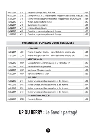 30/01/2017 V.14 Les grands cépages blancs de France p.26
05/05/2017 V.15 L'archipel maltais et La Valette capitale européenne de la culture 2018 (GB) p.35
25/04/2017 V.16 L’archipel maltais et La Valette capitale européenne de la culture 2018 p.34
18/10/2016 V.17 William Blake : Poet and Painter p.15
25/03/2017 V.18 Numérologie (2ème partie) p.31
06/04/2017 V.19 Initiation à la généalogie p.33
03/04/2017 V.20 Connaître, respecter et présenter le fromage p.32
12/06/2017 V.21 Connaître, respecter et présenter le fromage p.37
9
PRESENCE DE L’UP DANS VOTRE COMMUNE :
LE CHATELET
18/01/2017 LC01 Poterie et sculpture émaillée : travail de la terre, cuissons, raku p.24
21/01/2017 LC02 Poterie et sculpture émaillée : travail de la terre, cuissons, raku p.25
MENETOU-SALON
19/10/2016 MS01 Contes et chants berrichons autour de la vigne et du vin p.15
18/01/2017 MS02 Les merveilles du magnétismee p.24
05/04/2017 MS03 Martinique, l'île des revenants. p.33
07/06/2017 MS04 Bienvenue à Menetou-Salon p.36
ST-FLORENT
20/09/2016 SF01 Réaliser un repas antillais : des racines et des Hommes p.10
10/11/2016 SF02 Réaliser un repas antillais : des racines et des Hommes p.17
24/01/2017 SF03 Réaliser un repas antillais : des racines et des Hommes p.25
30/05/2017 SF04 Réaliser un repas antillais : des racines et des Hommes p.36
ST-GEORGES SUR MOULON
03/03/2017 SG01 Etonnante Ethiopie p.28
UP DU BERRY : Le Savoir partagé
 