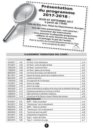 6
ARTS
10/10/2017 A.01 Art floral : Corne d’abondance p.14
19/12/2017 A.02 Art floral : centre de table de Noël p.25
13/02/2018 A.03 Art floral : couronne d’hiver p.31
17/04/2018 A.04 Art floral : gâteau de printemps p.39
28/03/2018 A.05 Une heure de musique avec Monteverdi p.37
28/11/2017 A.06 Heynne de Vulcop, peintre de la chapelle du Breuil p.22
06/01/2018 A.07 Lumière et peinture p.26
17/02/2018 A.08 Une approche de l'art Baroque p.32
16/12/2017 A.09 Autour du visage p.24
21/03/2018 A.10 Autour du visage p.36
19/01/2018 A.11 Faune et flore dans la sculpture et les vitraux de la cathédrale de Bourges p.28
14/02/2018 A.12 Expressions populaires sur la faune et la flore p.32
12/06/2018 A.13 Eglise de Brinay et calendriers médiévaux p.42
03/02/2018 A.14 Les parfums et les flacons à travers l’Histoire des hommes p.30
BIEN ÊTRE/SANTÉ
02/10/2017 B.01 NERTI : "Adieu les phobies" p.10
18/12/2017 B.02 "Premiers pas" vers le reboutement p.24
05/02/2018 B.03 NERTI : "Adieu les phobies" p.30
09/04/2018 B.04 "Premiers pas" vers le reboutement p.38
29/03/2018 B.05 "Secrets de santé naturelle" p.38
20/12/2017 B.06 Comprendre le magnétisme p.25
05/10/2017 B.07 Yoga 1 : Autour de l’arbre p.12
08/02/2018 B.08 Yoga 3 : Le bestiaire du yoga p.31
CLASSEMENT THEMATIQUE DES COURS :
Présentationdu programme2017-2018 :
JEUDI 07 SEPTEMBRE 2017à partir de 17h45Salle du Duc Jean, Hôtel du Département, BourgesLors de cette présentation, vous pourrez :- rencontrer des Intervenants- vous procurer la plaquette-programme
- adhérer et vous inscrire aux cours- et partager le pot de l’amitié.
Avec le soutien du Conseil Départemental du Cheret la complicité du BIVC
 