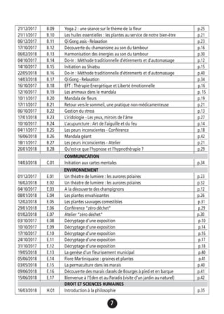 7
21/12/2017 B.09 Yoga 2 : une séance sur le thème de la fleur p.25
21/11/2017 B.10 Les huiles essentielles : les plantes au service de notre bien-être p.21
06/12/2017 B.11 Qi Gong assis - Relaxation p.23
17/10/2017 B.12 Découverte du chamanisme au son du tambour p.16
06/02/2018 B.13 Harmonisation des énergies au son du tambour p.30
04/10/2017 B.14 Do-In : Méthode traditionnelle d’étirements et d’automassage p.12
14/10/2017 B.15 Initiation au Shiatsu p.15
22/05/2018 B.16 Do-In : Méthode traditionnelle d’étirements et d’automassage p.40
14/03/2018 B.17 Qi Gong - Relaxation p.34
16/10/2017 B.18 EFT : Thérapie Energétique et Liberté émotionnelle p.16
12/10/2017 B.19 Les animaux dans le mandala p. 15
10/11/2017 B.20 Mandala de fleurs p.19
17/11/2017 B.21 Retour vers le sommeil, une pratique non-médicamenteuse p.21
06/10/2017 B.22 Gestion du stress p.13
17/01/2018 B.23 L’iridologie - Les yeux, miroirs de l’âme p.27
10/10/2017 B.24 L’acupuncture : Art de l’aiguille et du feu p.14
04/11/2017 B.25 Les peurs inconscientes - Conférence p.18
16/06/2018 B.26 Mandala géant p.42
18/11/2017 B.27 Les peurs inconscientes - Atelier p.21
26/01/2018 B.28 Qu’est-ce que l’hypnose et l’hypnothérapie ? p.29
COMMUNICATION
14/03/2018 C.01 Initiation aux cartes mentales p.34
ENVIRONNEMENT
01/12/2017 E.01 Un théatre de lumière : les aurores polaires p.23
16/02/2018 E.02 Un théatre de lumière : les aurores polaires p.32
04/10/2017 E.03 A la découverte des champignons p.12
08/01/2018 E.04 Les plantes envahissantes p.26
12/02/2018 E.05 Les plantes sauvages comestibles p.31
29/01/2018 E.06 Conférence ”zéro déchet” p.29
01/02/2018 E.07 Atelier ”zéro déchet” p.30
03/10/2017 E.08 Décryptage d’une exposition p.10
10/10/2017 E.09 Décryptage d’une exposition p.14
17/10/2017 E.10 Décryptage d’une exposition p.16
24/10/2017 E.11 Décryptage d’une exposition p.17
31/10/2017 E.12 Décryptage d’une exposition p.18
19/05/2018 E.13 La genèse d’un fleurissement municipal p.40
05/06/2018 E.14 Flore Martiniquaise : graines et plantes p.41
03/05/2018 E.15 La permaculture dans les marais p.40
09/06/2018 E.16 Découverte des marais classés de Bourges à pied et en barque p.41
15/06/2018 E.17 Bienvenue à l’Eden et au Paradis (visite d’un jardin au naturel) p.42
DROIT ET SCIENCES HUMAINES
16/03/2018 H.01 Introduction à la philosophie p.35
 