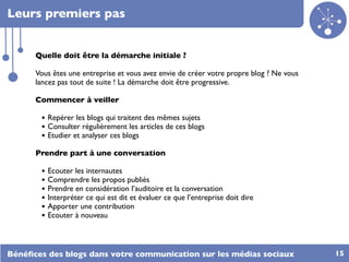 Leurs premiers pas


      Quelle doit être la démarche initiale ?

      Vous êtes une entreprise et vous avez envie de créer votre propre blog ? Ne vous
      lancez pas tout de suite ! La démarche doit être progressive.

      Commencer à veiller

       •	

Repérer les blogs qui traitent des mêmes sujets
       •	

Consulter régulièrement les articles de ces blogs
       •	

Etudier et analyser ces blogs
      Prendre part à une conversation 

       •	

Ecouter les internautes
       •	

Comprendre les propos publiés
       •	

Prendre en considération l’auditoire et la conversation
       •	

Interpréter ce qui est dit et évaluer ce que l’entreprise doit dire
       •	

Apporter une contribution
       •	

Ecouter à nouveau


Bénéﬁces des blogs dans votre communication sur les médias sociaux                       15
 