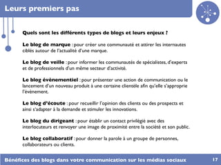 Leurs premiers pas


      Quels sont les différents types de blogs et leurs enjeux ?

      Le blog de marque : pour créer une communauté et attirer les internautes
      ciblés autour de l’actualité d’une marque.

      Le blog de veille : pour informer les communautés de spécialistes, d’experts
      et de professionnels d’un même secteur d’activité.

      Le blog évènementiel : pour présenter une action de communication ou le
      lancement d’un nouveau produit à une certaine clientèle aﬁn qu’elle s’approprie
      l’évènement.

      Le blog d’écoute : pour recueillir l’opinion des clients ou des prospects et
      ainsi s‘adapter à la demande et stimuler les innovations.

      Le blog du dirigeant : pour établir un contact privilégié avec des
      interlocuteurs et renvoyer une image de proximité entre la société et son public.

      Le blog collaboratif : pour donner la parole à un groupe de personnes,
      collaborateurs ou clients.


Bénéﬁces des blogs dans votre communication sur les médias sociaux                        17
 