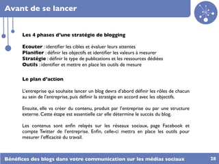 Avant de se lancer


      Les 4 phases d’une stratégie de blogging

      Ecouter : identiﬁer les cibles et évaluer leurs attentes
      Planiﬁer : déﬁnir les objectifs et identiﬁer les valeurs à mesurer
      Stratégie : déﬁnir le type de publications et les ressources dédiées
      Outils : identiﬁer et mettre en place les outils de mesure

      Le plan d’action

      L’entreprise qui souhaite lancer un blog devra d’abord déﬁnir les rôles de chacun
      au sein de l’entreprise, puis déﬁnir la stratégie en accord avec les objectifs.

      Ensuite, elle va créer du contenu, produit par l’entreprise ou par une structure
      externe. Cette étape est essentielle car elle détermine le succès du blog.

      Les contenus sont enﬁn relayés sur les réseaux sociaux, page Facebook et
      compte Twitter de l’entreprise. Enﬁn, celle-ci mettra en place les outils pour
      mesurer l’efﬁcacité du travail.



Bénéﬁces des blogs dans votre communication sur les médias sociaux                        28
 