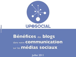 Livre blanc




              Bénéﬁces des blogs
              dans votre communication

              sur les médias sociaux

                       Juillet 2011
 